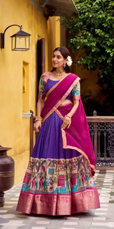 LNB 1242 Purple Color Poly Chanderi Kalamkari Printed Zari Weaving Work Lehenga Choli Wedding, Party, Festive, Events Etc. Delivery 4-6 Working Days Rs 1899 | Lehenga, Bollywood Lehenga, Creative Lehenga, Designer Lehenga, Embroidered Lehenga, Party Wear Lehenga