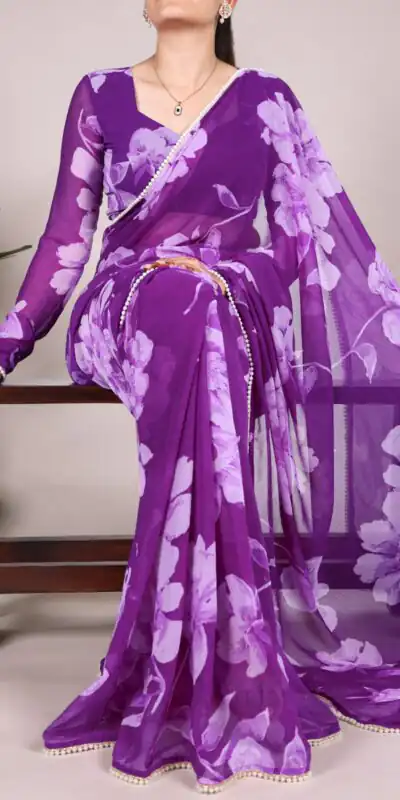 YNF 7011 Purple Color Chiffon Foral Printed Pearl Lace Border Saree Casual, Wedding, Festive, Events . Expected Delivery  4-6 Working Days @1499/- only                                                                                | Sarees, Bollywood Sarees, Creative Sarees, Designer Sarees, Embroidered Sarees, Ethnic Saree, Modern Digital sarees, Party Wear Sarees