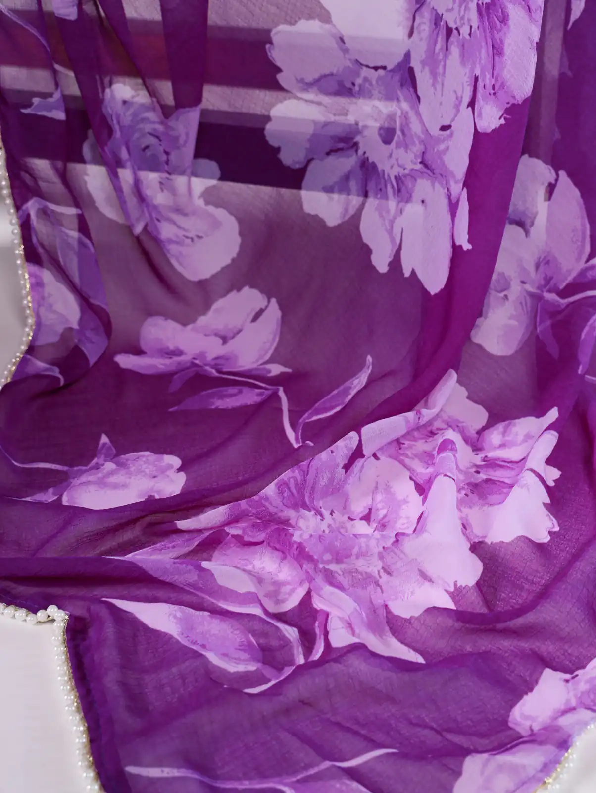 YNF 7011 Purple Color Chiffon Foral Printed Pearl Lace Border Saree Casual, Wedding, Festive, Events . Expected Delivery  4-6 Working Days @1499/- only                                                                                | Sarees, Bollywood Sarees, Creative Sarees, Designer Sarees, Embroidered Sarees, Ethnic Saree, Modern Digital sarees, Party Wear Sarees