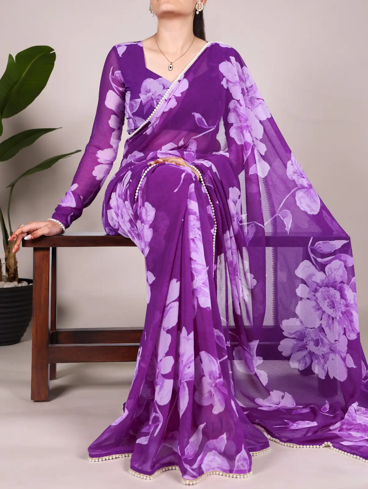 YNF 7011 Purple Color Chiffon Foral Printed Pearl Lace Border Saree Casual, Wedding, Festive, Events . Expected Delivery  4-6 Working Days @1499/- only                                                                                | Sarees, Bollywood Sarees, Creative Sarees, Designer Sarees, Embroidered Sarees, Ethnic Saree, Modern Digital sarees, Party Wear Sarees