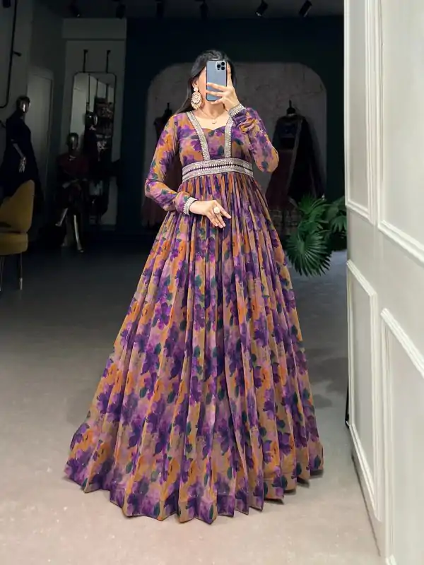 YNF 5019 Purple Color Georgette Floral print with Lace Border Gown Casual, Wedding, Festive, Events . Expected Delivery  4-6 Working Days @1799/- only      | Gowns, Bollywood Gowns, Creative Gowns, Designer Gowns, Embroidered Gowns, Party Wear Gowns