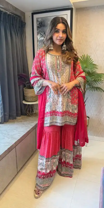 BE 387 Red Color Chinon Printed With Real Mirror Work Salwar Suit Casual, Wedding, Festive, Events . Expected Delivery  4-6 Working Days @1899/- only      | Jump Suits, Salwar suit, Casual Suits, Creative suits, Designer Suits, Palazzo Suits, Party Wear Suits, Patiala Suits, Straight Suits