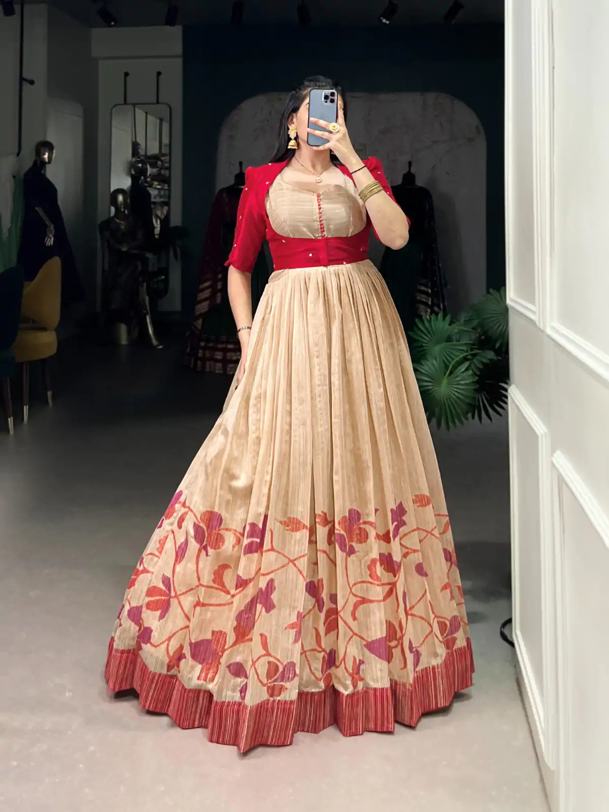 YNF 5027 Red Color Green Silk Printed Gown Casual, Wedding, Festive, Events . Expected Delivery  4-6 Working Days @1799/- only      | Gowns, Bollywood Gowns, Creative Gowns, Designer Gowns, Embroidered Gowns, Party Wear Gowns