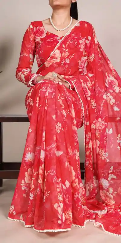 YNF 7010 Red Color Weightless Marbal Floral Printed Pearl Lace Saree Casual, Wedding, Festive, Events . Expected Delivery  4-6 Working Days @1599/- only                                                                                | Sarees, Bollywood Sarees, Creative Sarees, Designer Sarees, Embroidered Sarees, Ethnic Saree, Modern Digital sarees, Party Wear Sarees