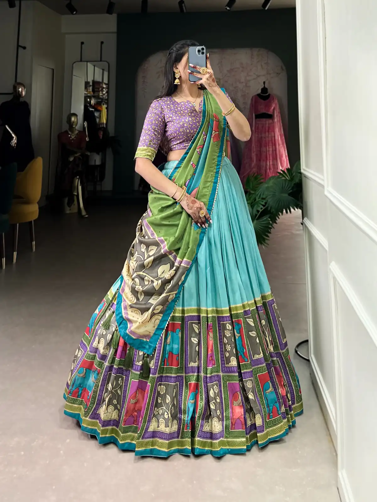 LNB 1235 Sky Blue Color Tasar Silk Kalamkari With Foil Work Lehenga Choli Wedding, Party, Festive, Events Etc. Delivery 4-6 Working Days Rs 2499 | Lehenga, Bollywood Lehenga, Creative Lehenga, Designer Lehenga, Embroidered Lehenga, Party Wear Lehenga