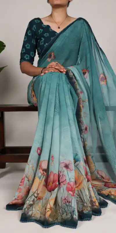 YNF 7009 Teal Color Georgette Floral Print With Lace Border Saree Casual, Wedding, Festive, Events . Expected Delivery  4-6 Working Days @1299/- only                                                                                | Sarees, Bollywood Sarees, Creative Sarees, Designer Sarees, Embroidered Sarees, Ethnic Saree, Modern Digital sarees, Party Wear Sarees