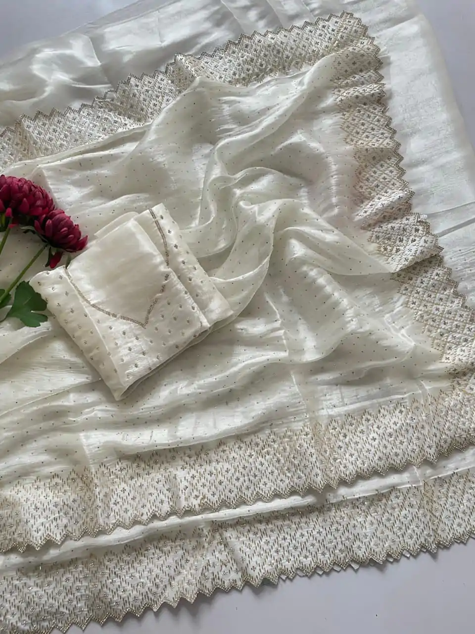 DF 3467 White Color Jimmy Choo Full Zarkhan Diamond Work Saree Casual, Wedding, Festive, Events . Expected Delivery  4-6 Working Days @2099/- only                                                                                | Sarees, Bollywood Sarees, Creative Sarees, Designer Sarees, Embroidered Sarees, Ethnic Saree, Modern Digital sarees, Party Wear Sarees