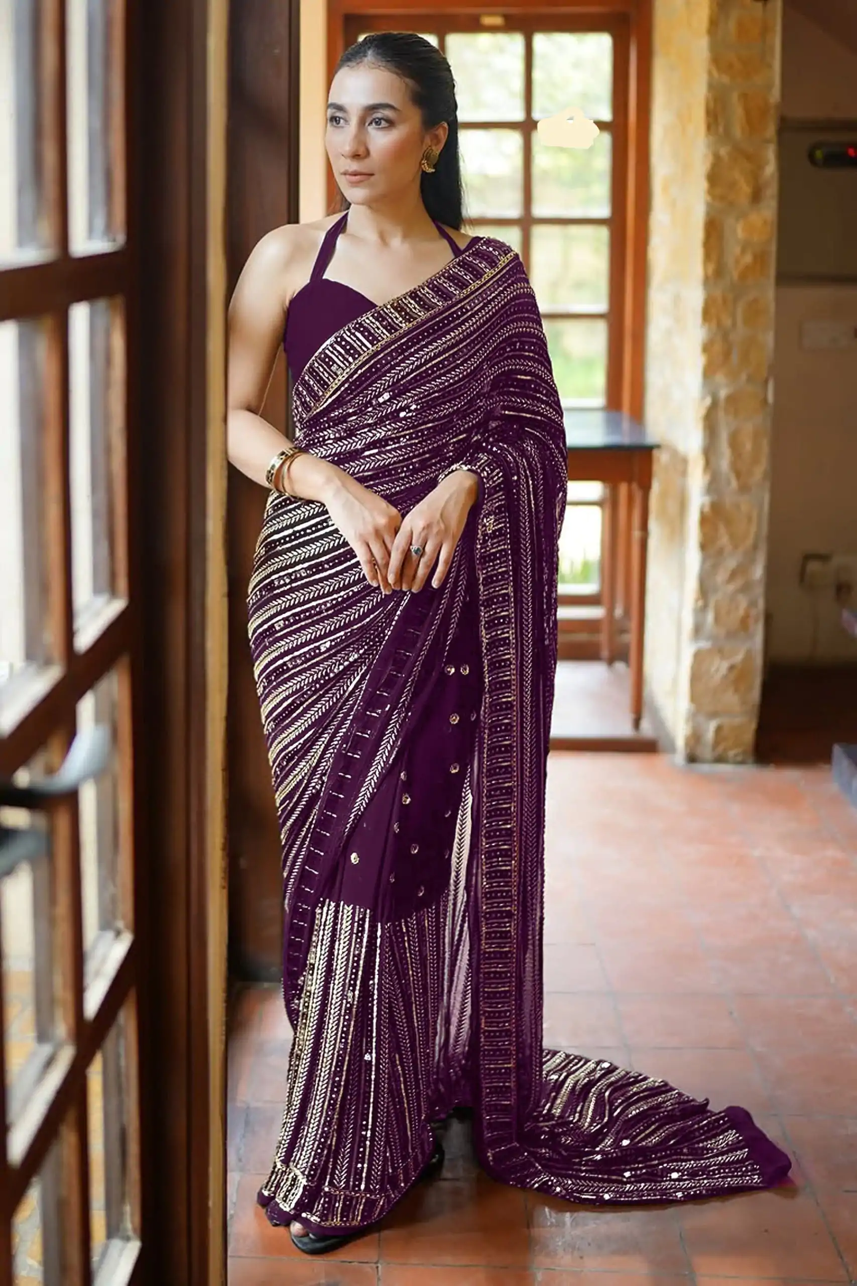 DF 3451 Wine Color Faux Georgette 5mm Sequence Embroidery Work Saree Casual, Wedding, Festive, Events . Expected Delivery  4-6 Working Days @1799/- only                                                 | Sarees, Bollywood Sarees, Creative Sarees, Designer Sarees, Embroidered Sarees, Ethnic Saree, Modern Digital sarees, Party Wear Sarees