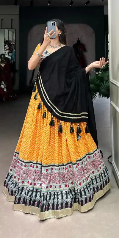 LNB 1712 Yellow Color Rayon Bandhej Ajarakh Print Embossed Gota Lace Lehenga Choli Wedding, Party, Festive, Events Etc. Delivery 4-6 Working Days Rs 1999 | Lehenga, Bollywood Lehenga, Creative Lehenga, Designer Lehenga, Embroidered Lehenga, Party Wear Lehenga