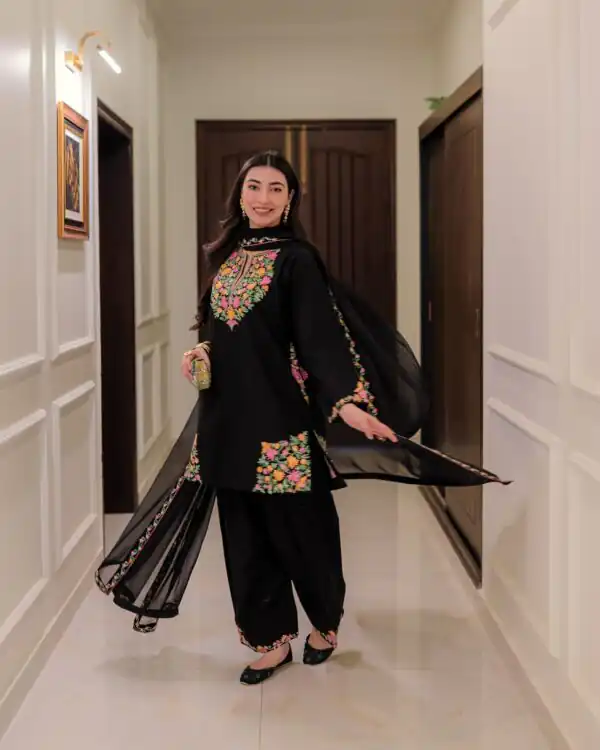 BE 402 Black in Crape Silk Embroidery Work Salwar Suit . Wedding, Party, Festive, Events, Grab it for ₹1999. Delivery 4-6 Working Days. Shop now. | Jump Suits, Salwar suit, Casual Suits, Creative suits, Designer Suits, Palazzo Suits, Party Wear Suits, Patiala Suits, Straight Suits