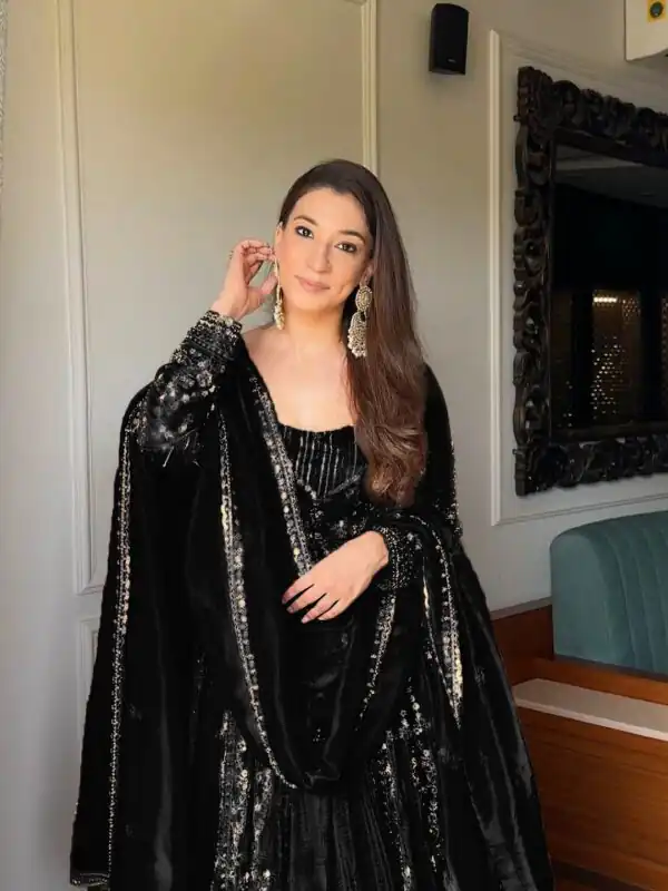 Black Crunchy Silk Lace Embroidery Work Gown - Image 2