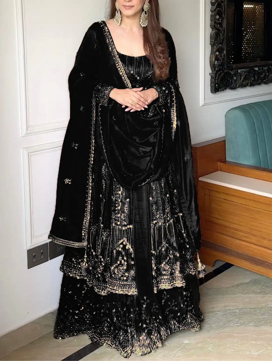 VLM 297 Black Crunchy Silk with Lace Work & Embroidery Work Gown . Introductory Price ₹2499. Delivery 4-6 Working Days. Shop now. | Gowns, Bollywood Gowns, Creative Gowns, Designer Gowns, Embroidered Gowns, Party Wear Gowns
