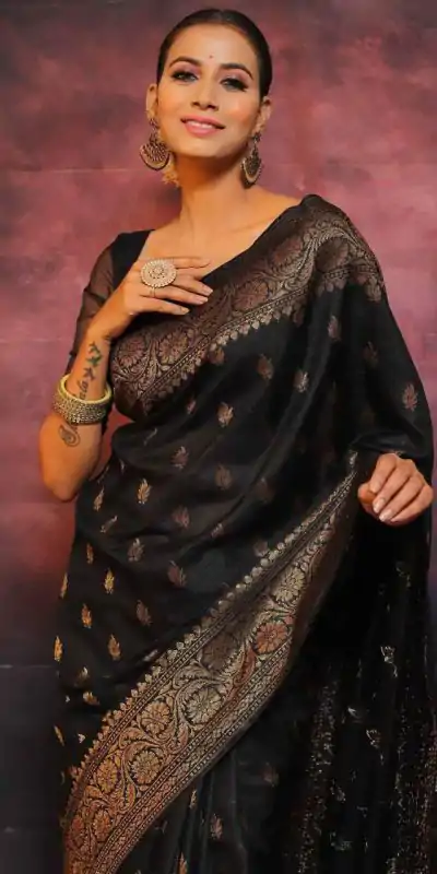 KP 6010 Black Soft Lichi Silk Jacquard Saree Perfect for Wedding, Party, Traditional Day, Family Gatherings, Sangeet . Grab it for ₹1349. Delivery 4-6 W | Sarees, Bollywood Sarees, Creative Sarees, Designer Sarees, Embroidered Sarees, Ethnic Saree, Modern Digital sarees, Party Wear Sarees