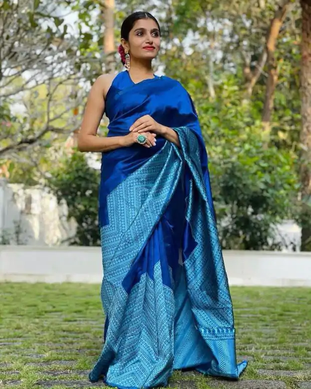 KP 2035 Blue Soft Lichi Silk Saree Perfect for Wedding, Party, Karwa Chauth, Pongal, Haldi . Available at ₹1399 only. Delivery 4-6 Working Days. | Sarees, Bollywood Sarees, Creative Sarees, Designer Sarees, Embroidered Sarees, Ethnic Saree, Modern Digital sarees, Party Wear Sarees