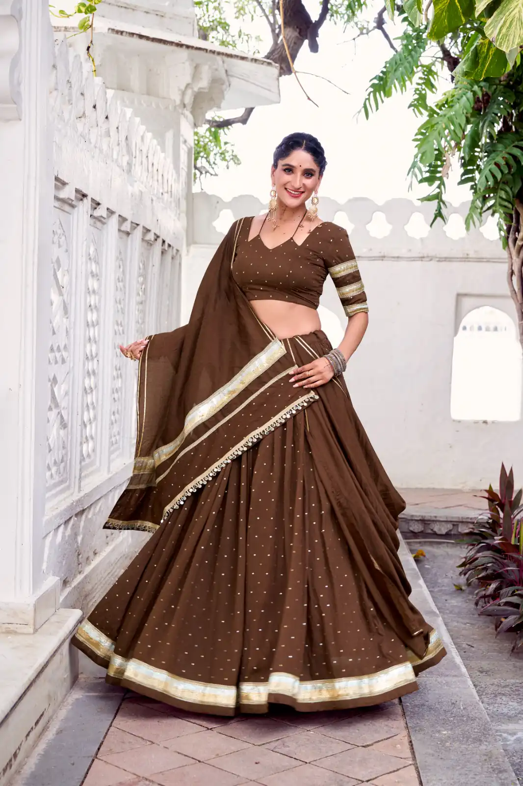 LNB 1664 Brown Pure Chanderi Lehenga Choli Perfect for Wedding, Party, Family Gatherings, Festival Celebrations, Grab it for ₹2999. Delivery 4-6 Days | Lehenga, Bollywood Lehenga, Creative Lehenga, Designer Lehenga, Embroidered Lehenga, Party Wear Lehenga