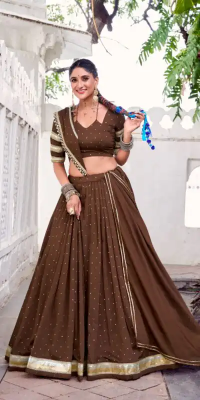 LNB 1664 Brown Pure Chanderi Lehenga Choli Perfect for Wedding, Party, Family Gatherings, Festival Celebrations, Grab it for ₹2999. Delivery 4-6 Days | Lehenga, Bollywood Lehenga, Creative Lehenga, Designer Lehenga, Embroidered Lehenga, Party Wear Lehenga