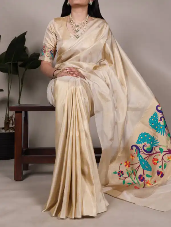 YNF 7905 Cream Tissue Paithani with Zari Work Saree .Wedding, Party, Festive, Events, Best Price ₹2399. Delivery 4-6 Working Days. Shop now. | Sarees, Bollywood Sarees, Creative Sarees, Designer Sarees, Embroidered Sarees, Ethnic Saree, Modern Digital sarees, Party Wear Sarees