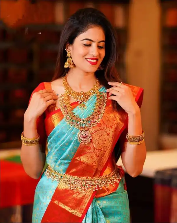 Firozi Lichi Silk Jacquard All Over Saree - Image 6