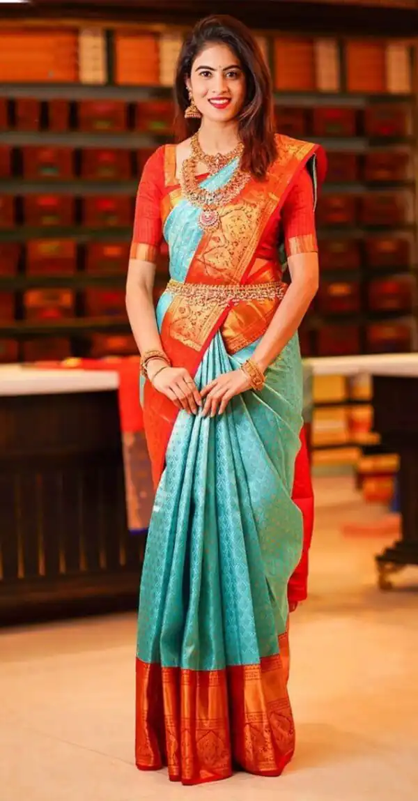 Firozi Lichi Silk Jacquard All Over Saree - Image 5