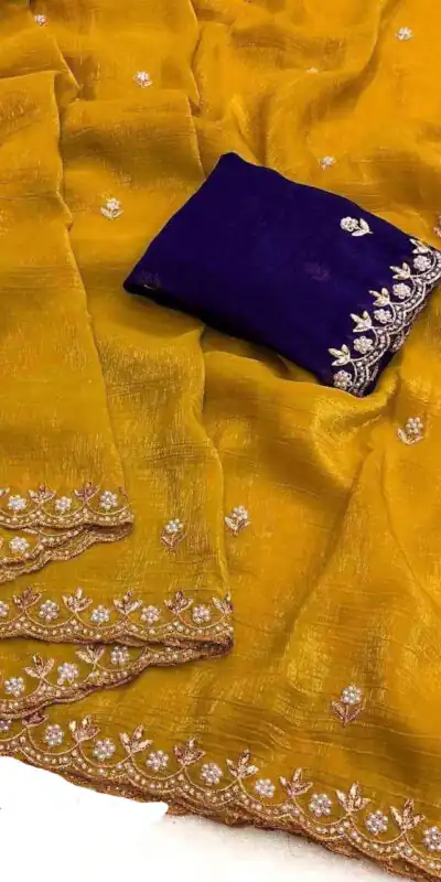 BT 1267 Gold in Crunchy Chiffon Embroidery Work Saree . Wedding, Party, Festive, Events, Exclusive Offer ₹1749. Delivery 4-6 Working Days. Shop now. | Sarees, Bollywood Sarees, Creative Sarees, Designer Sarees, Embroidered Sarees, Ethnic Saree, Modern Digital sarees, Party Wear Sarees