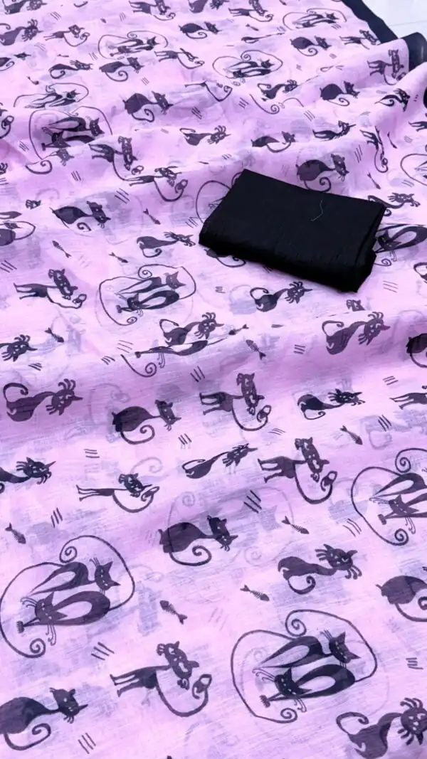 Lavender Soft Cotton Digital Print Lace Work Saree - Image 4