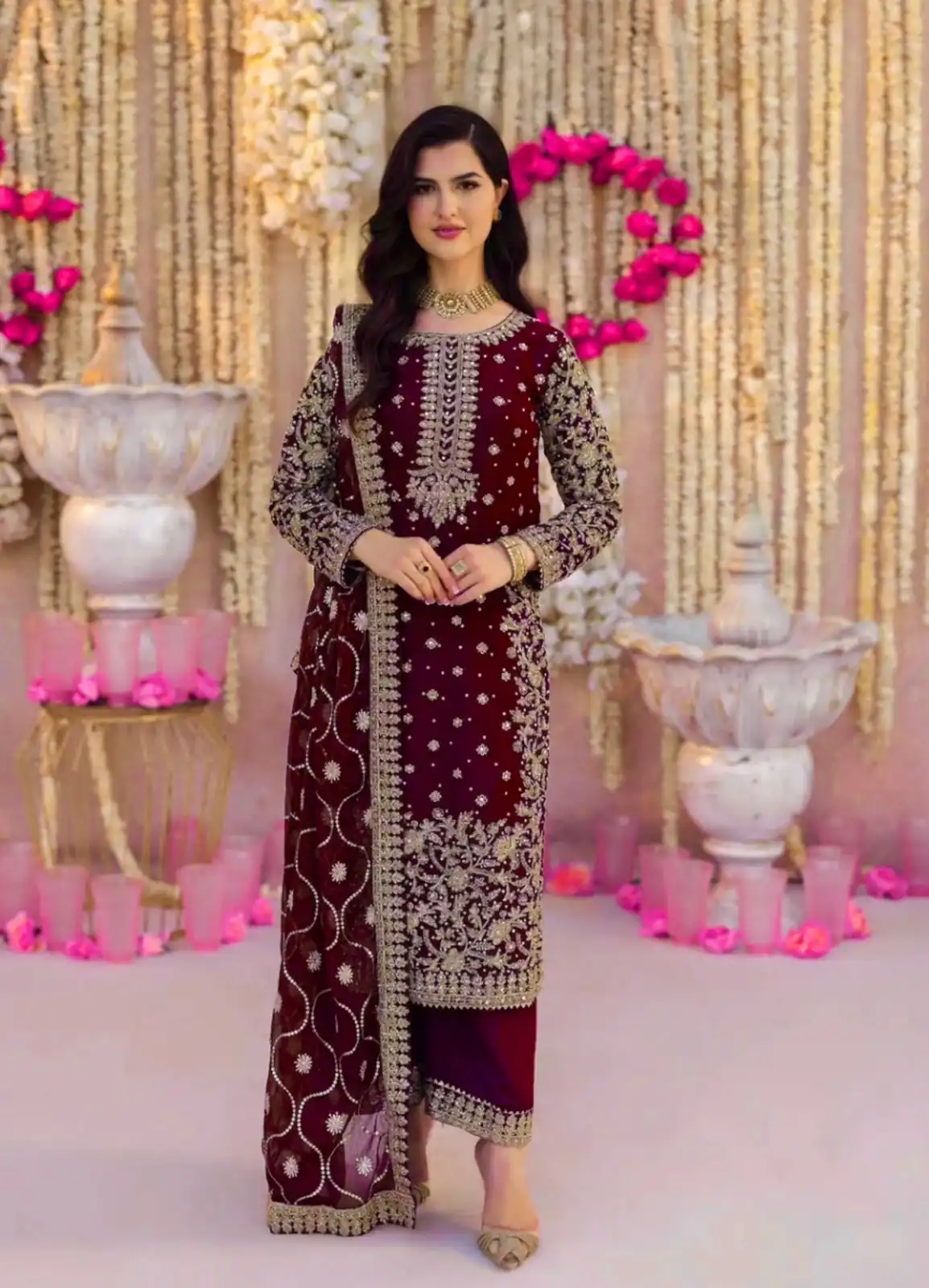 SRK 5238 Maroon Faux Georgette With 5mm Embroidery Sequence Work with Beads Work Wedding, Party, Festive, Events, 4-6 Working Days At 2399 | Jump Suits, Salwar suit, Casual Suits, Creative suits, Designer Suits, Palazzo Suits, Party Wear Suits, Patiala Suits, Straight Suits