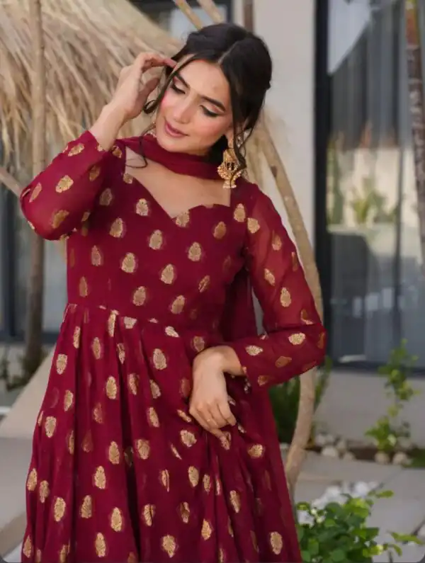 VLM 299 Maroon Faux Georgette With Embroidery Work Gown Perfect for Wedding, Party, Ethnic Day, Housewarming, Cultural Events At 2099/-Only | Gowns, Bollywood Gowns, Creative Gowns, Designer Gowns, Embroidered Gowns, Party Wear Gowns