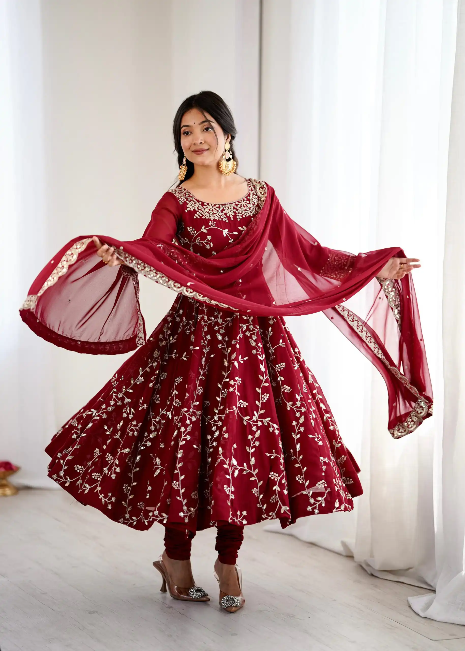 SRK 5299 Maroon Faux Georgette With Sequence Work Perfect for Wedding, Party, Temple Visit, Ganesh Chaturthi Festive, Events, 4-6 Working Days At 2149 | Gowns, Bollywood Gowns, Creative Gowns, Designer Gowns, Embroidered Gowns, Party Wear Gowns