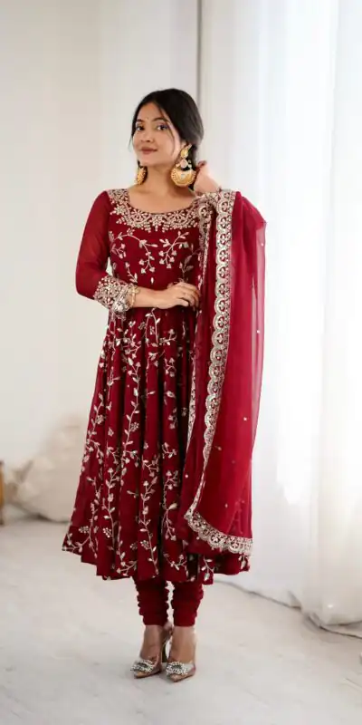 SRK 5299 Maroon Faux Georgette With Sequence Work Perfect for Wedding, Party, Temple Visit, Ganesh Chaturthi Festive, Events, 4-6 Working Days At 2149 | Gowns, Bollywood Gowns, Creative Gowns, Designer Gowns, Embroidered Gowns, Party Wear Gowns