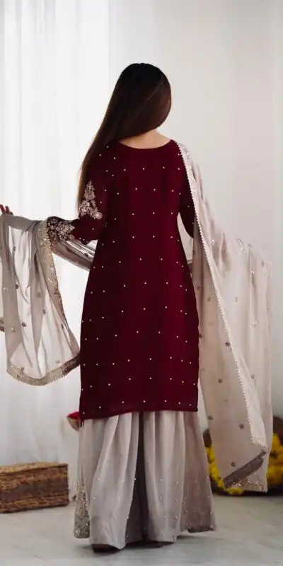 SR 1676 Maroon Heavy Faux Georgette With Heavy Embroidery Perfect for Wedding, Party, Ethnic Day, Reception, Diwali 4-6 Working Days At 2049/- Only | Jump Suits, Salwar suit, Casual Suits, Creative suits, Designer Suits, Palazzo Suits, Party Wear Suits, Patiala Suits, Straight Suits