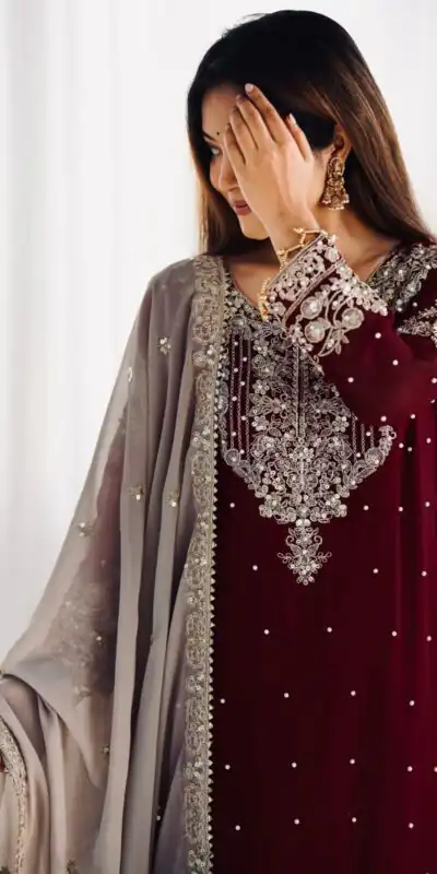 SR 1676 Maroon Heavy Faux Georgette With Heavy Embroidery Perfect for Wedding, Party, Ethnic Day, Reception, Diwali 4-6 Working Days At 2049/- Only | Jump Suits, Salwar suit, Casual Suits, Creative suits, Designer Suits, Palazzo Suits, Party Wear Suits, Patiala Suits, Straight Suits