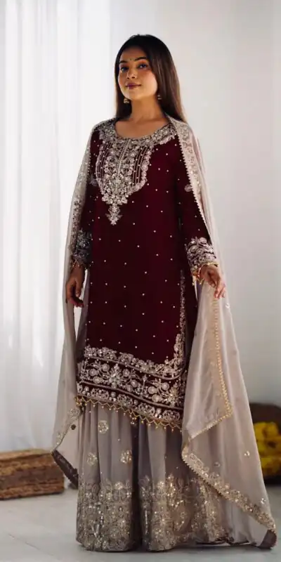 SR 1676 Maroon Heavy Faux Georgette With Heavy Embroidery Perfect for Wedding, Party, Ethnic Day, Reception, Diwali 4-6 Working Days At 2049/- Only | Jump Suits, Salwar suit, Casual Suits, Creative suits, Designer Suits, Palazzo Suits, Party Wear Suits, Patiala Suits, Straight Suits