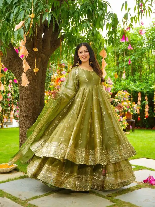 SSR 526 Mehandi Crunchy Silk With Heavy Embroidery Sequence Work With Fully Flair Salwar Suit Wedding, Party, Festive, Events, Now at just ₹2399. Delivery 4 | Jump Suits, Tops & Bottoms, Track Suits, Salwar suit, Casual Suits, Creative suits, Designer Suits, Palazzo Suits, Party Wear Suits, Patiala Suits, Straight Suits, Trendy Wear