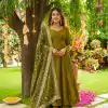 ZSR 3140 Mehandi German Chiffon With Embroidery Sequence Work With Fully Flair Gown. Wedding, Party, Festive, Events Exclusive Offer ₹2049. Deli | Gowns, Bollywood Gowns, Creative Gowns, Designer Gowns, Embroidered Gowns, Party Wear Gowns