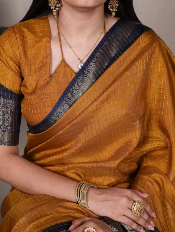 Mustard Dola Chex Zari Work Saree - Image 4