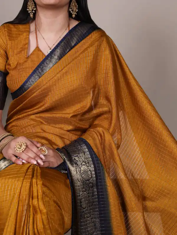 Mustard Dola Chex Zari Work Saree - Image 2