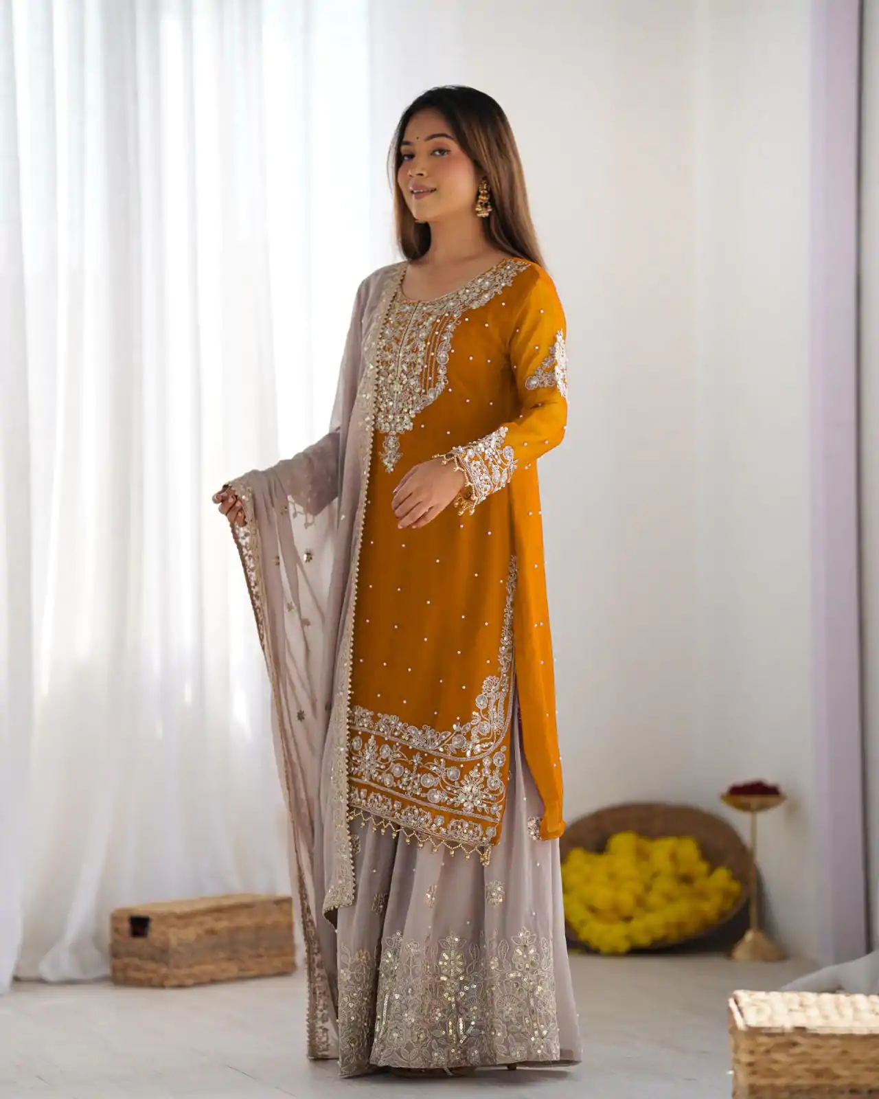 SR 1676 Mustard Heavy Faux Georgette With Heavy Embroidery Perfect for Wedding, Party, Ethnic Day, Reception, Diwali 4-6 Working Days At 2049/- Only | Jump Suits, Salwar suit, Casual Suits, Creative suits, Designer Suits, Palazzo Suits, Party Wear Suits, Patiala Suits, Straight Suits