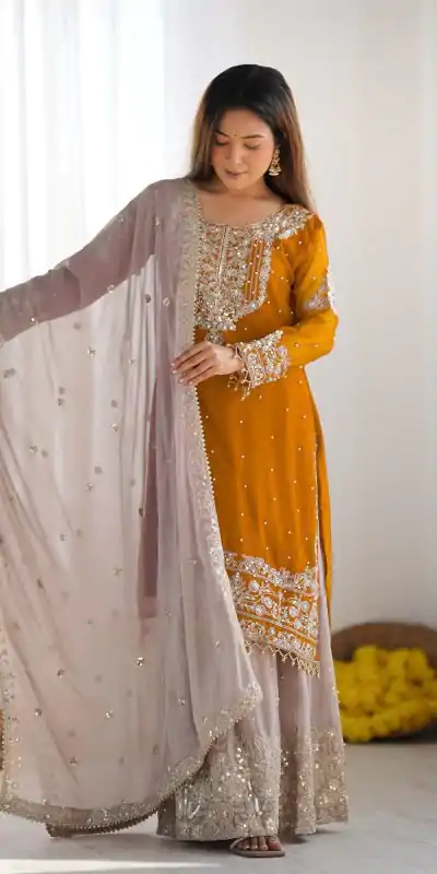 SR 1676 Mustard Heavy Faux Georgette With Heavy Embroidery Perfect for Wedding, Party, Ethnic Day, Reception, Diwali 4-6 Working Days At 2049/- Only | Jump Suits, Salwar suit, Casual Suits, Creative suits, Designer Suits, Palazzo Suits, Party Wear Suits, Patiala Suits, Straight Suits