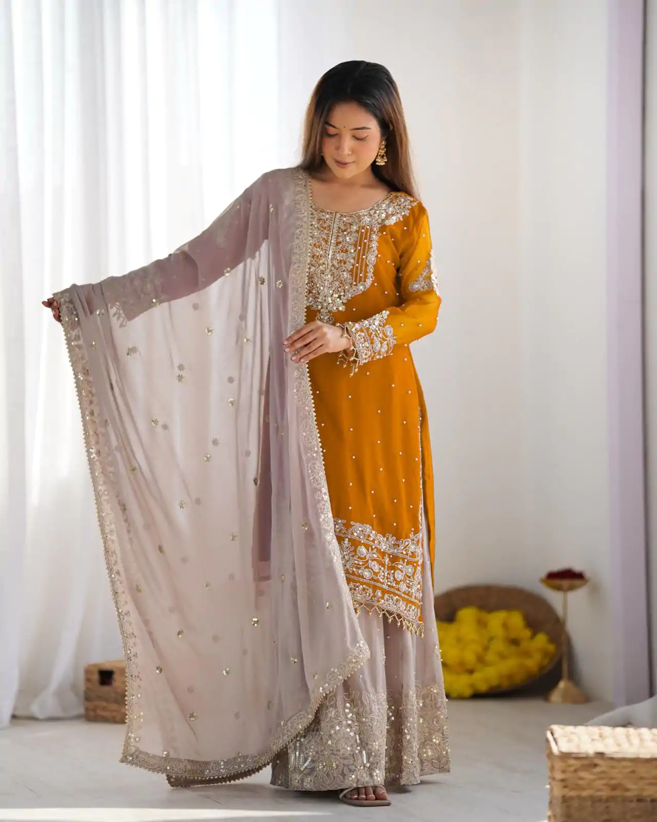 SR 1676 Mustard Heavy Faux Georgette With Heavy Embroidery Perfect for Wedding, Party, Ethnic Day, Reception, Diwali 4-6 Working Days At 2049/- Only | Jump Suits, Salwar suit, Casual Suits, Creative suits, Designer Suits, Palazzo Suits, Party Wear Suits, Patiala Suits, Straight Suits