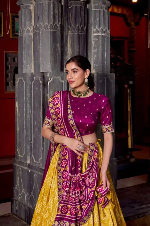 Mustard Tasar Silk Sequins Embroidery Work Lehenga Choli - Image 4