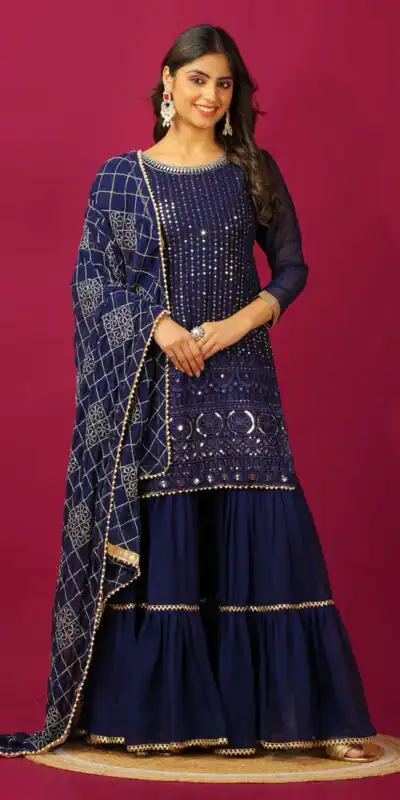 SR 1671 Navy Blue Georgette Salwar Suit Perfect for Wedding, Party, Cultural Events, Temple Visit, Lohri Now at just ₹1799. Delivery 4-6 Working Days. | Jump Suits, Tops & Bottoms, Track Suits, Salwar suit, Casual Suits, Creative suits, Designer Suits, Palazzo Suits, Party Wear Suits, Patiala Suits, Straight Suits, Trendy Wear
