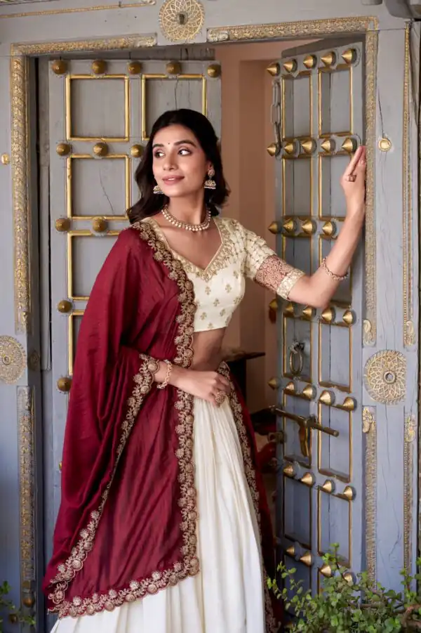 Off White Vichitra Silk Embroidery Zari Work Lehenga Choli - Image 4