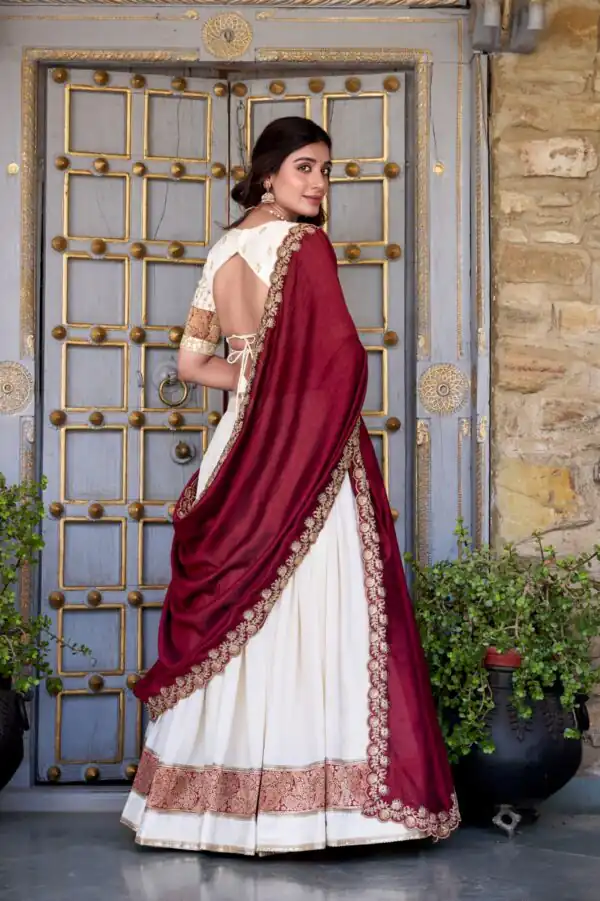 Off White Vichitra Silk Embroidery Zari Work Lehenga Choli - Image 3