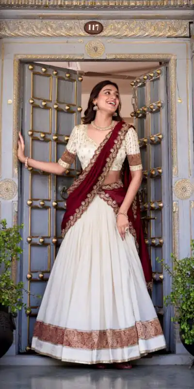 LNB 2049 Off White in Vichitra Silk Embroidery Work & Zari Work Lehenga Choli . Now at just ₹2999. Delivery 4-6 Working Days. Shop now. | Lehenga, Bollywood Lehenga, Creative Lehenga, Designer Lehenga, Embroidered Lehenga, Party Wear Lehenga