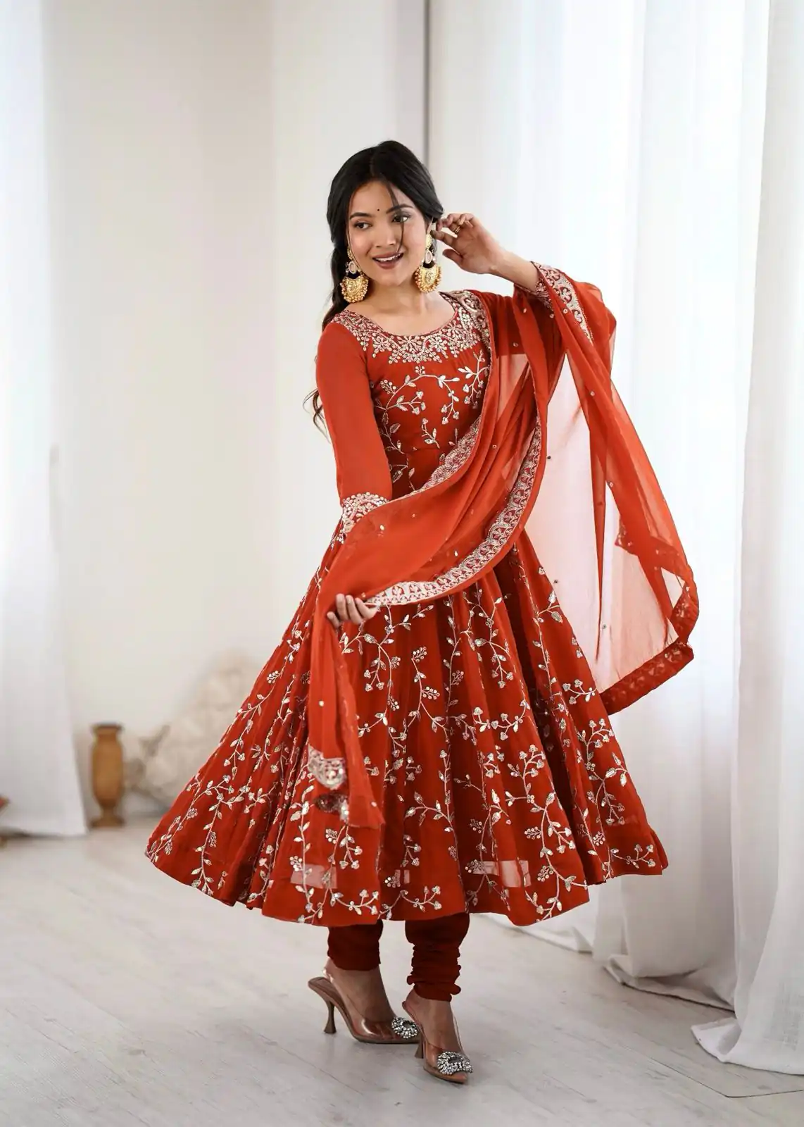 SRK 5299 Orange Georgette With Sequence Work Perfect for Wedding, Party, Lohri, Temple Visit, Ganesh Chaturthi Festive, Events, 4-6 Working Days At 2149 | Gowns, Bollywood Gowns, Creative Gowns, Designer Gowns, Embroidered Gowns, Party Wear Gowns