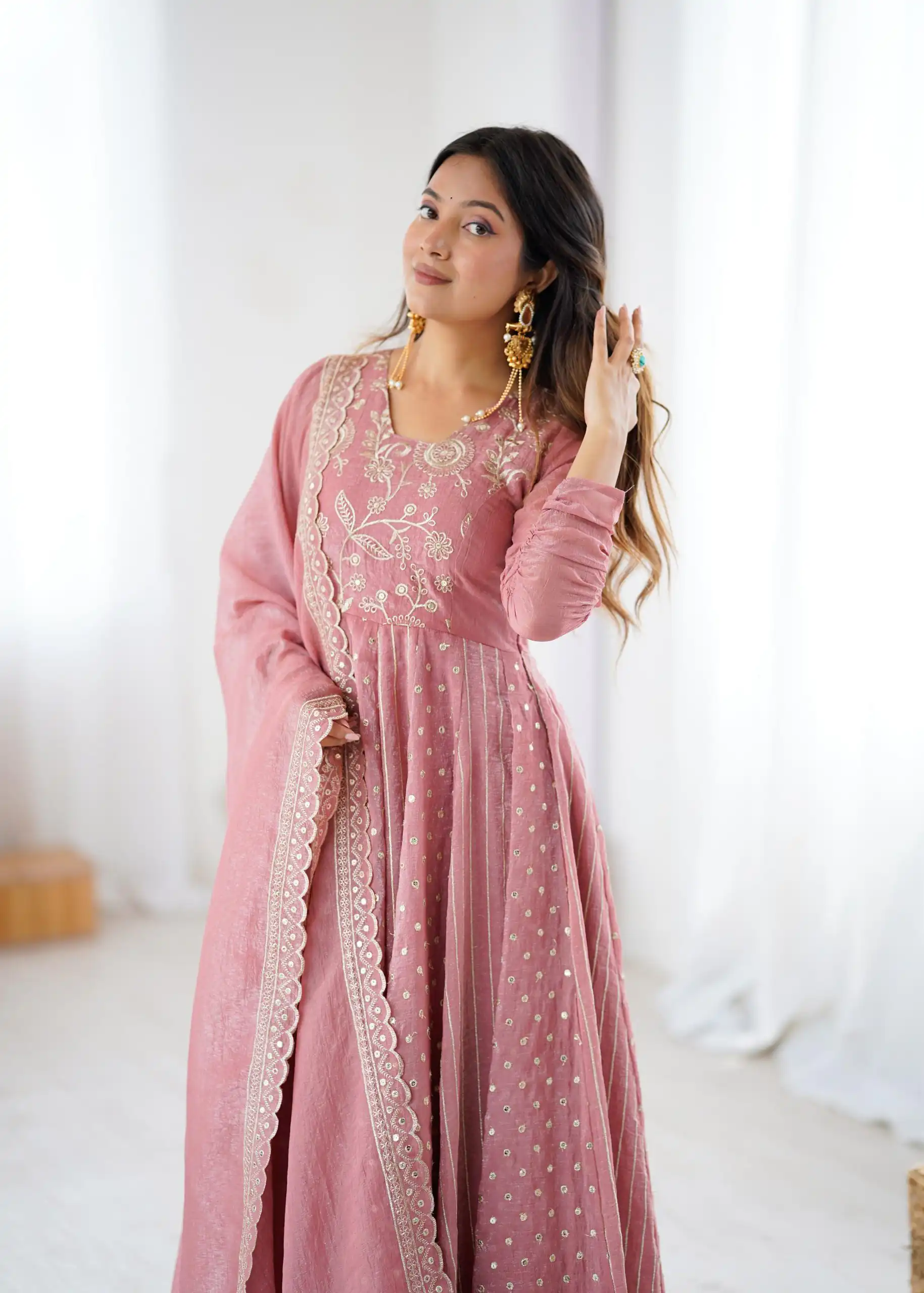 SRK 5293 Peach With Crunchy Silk With Fully Flair with Lace Work & Embroidery Work Anarkali Gown . Introductory Price ₹2149. Delivery 4-6 Worki | Gowns, Bollywood Gowns, Creative Gowns, Designer Gowns, Embroidered Gowns, Party Wear Gowns