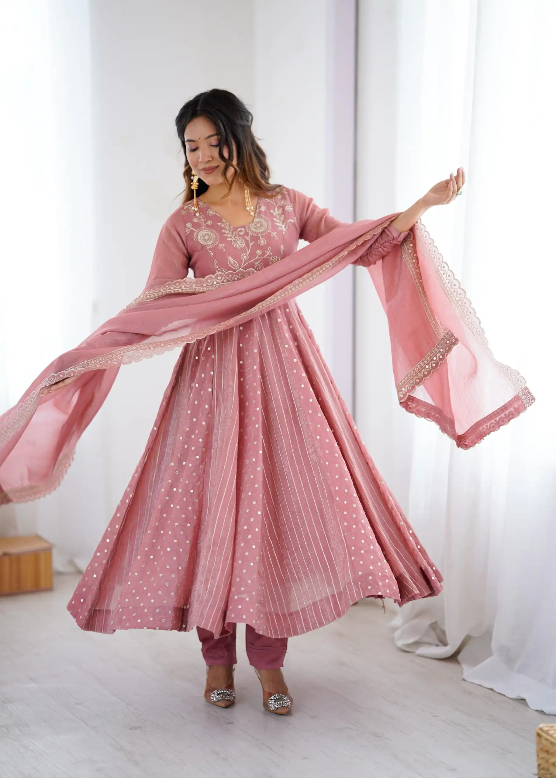 SRK 5293 Peach With Crunchy Silk With Fully Flair with Lace Work & Embroidery Work Anarkali Gown . Introductory Price ₹2149. Delivery 4-6 Worki | Gowns, Bollywood Gowns, Creative Gowns, Designer Gowns, Embroidered Gowns, Party Wear Gowns