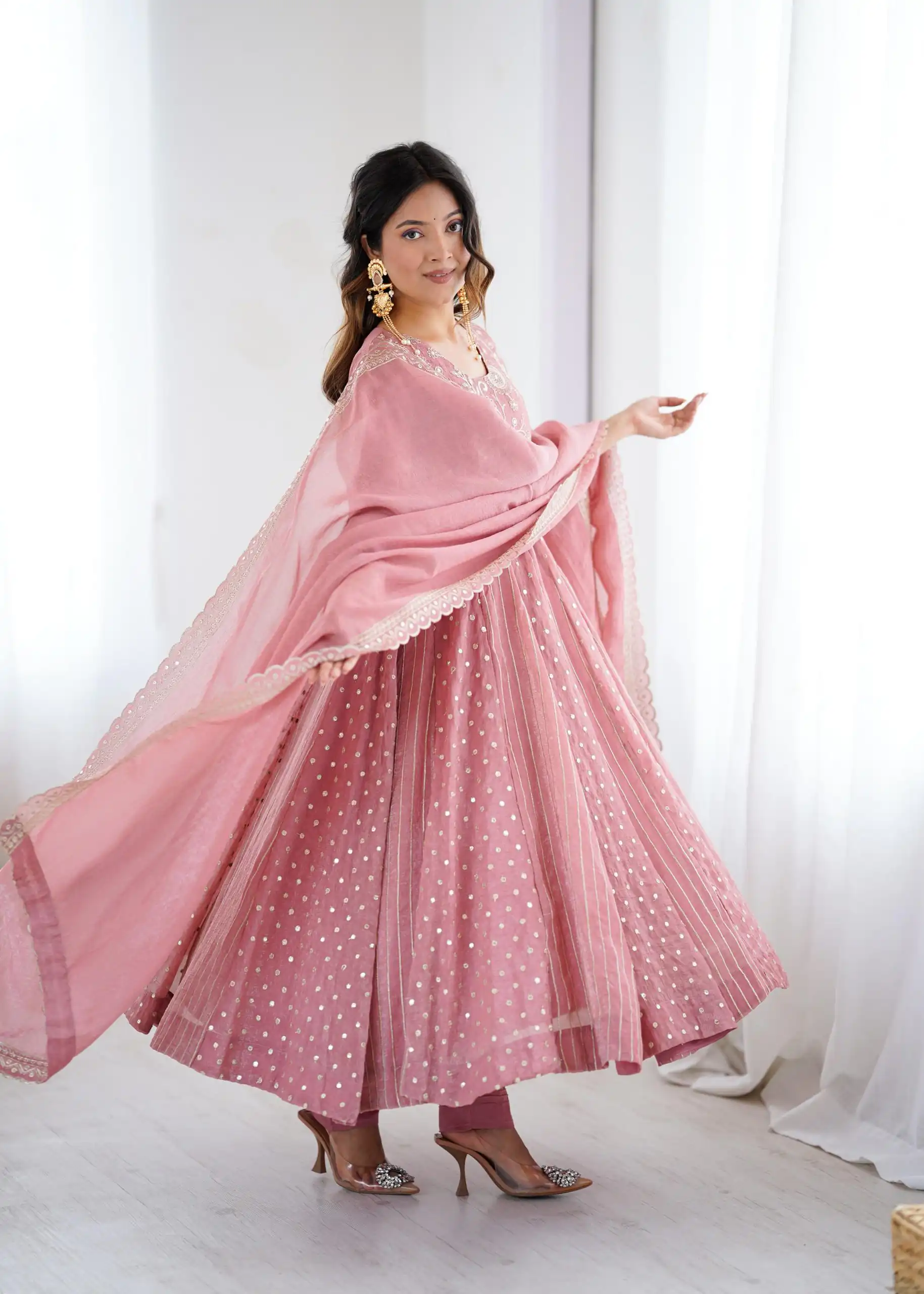 SRK 5293 Peach With Crunchy Silk With Fully Flair with Lace Work & Embroidery Work Anarkali Gown . Introductory Price ₹2149. Delivery 4-6 Worki | Gowns, Bollywood Gowns, Creative Gowns, Designer Gowns, Embroidered Gowns, Party Wear Gowns