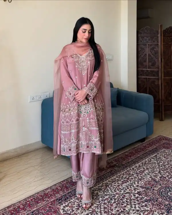 Peach French Crape Lace Embroidery Work Salwar Suit - Image 4