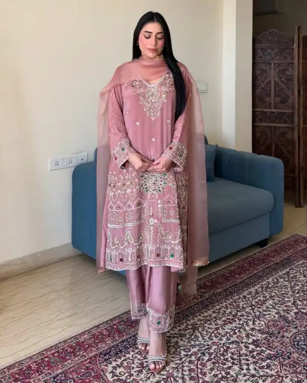 Peach French Crape Lace Embroidery Work Salwar Suit - Image 3